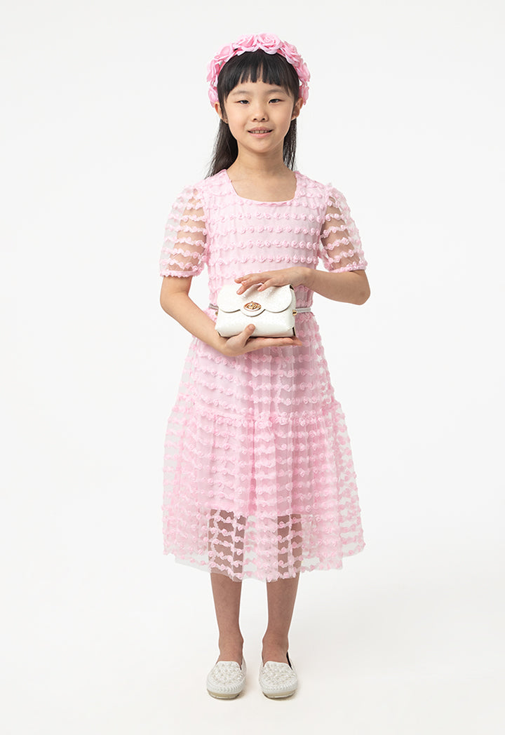 Flowers Puffy Organza Sleeves Dress With Belt