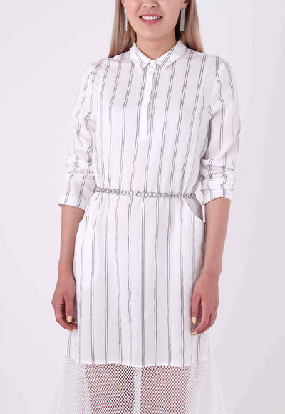 Mesh Hem Striped Shirt Dress