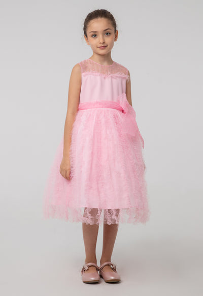 Solid Tulle Mesh Ruffle Flare Sleeveless Dress