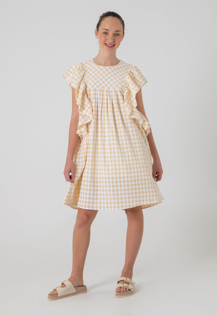 Plaid Seersucker Midi Ruffle Dress