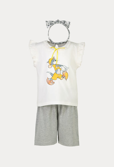 Tom & Jerry Frill Trim Graphic Print Blouse And Short Sets