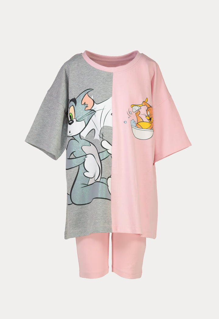 Tom & Jerry Printed Colorblock Tunic Tops And Shorts Set