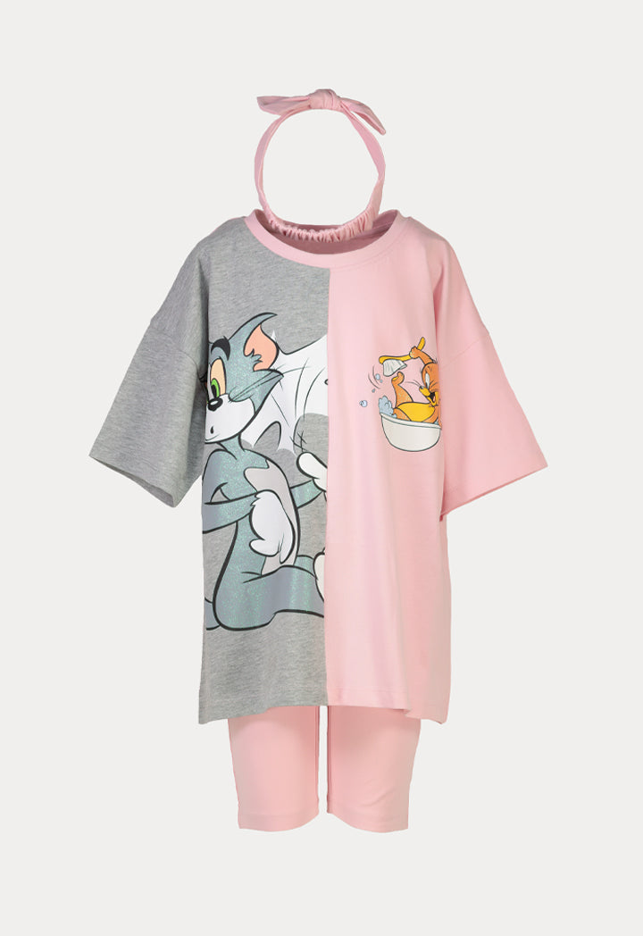 Tom & Jerry Printed Colorblock Tunic Tops And Shorts Set