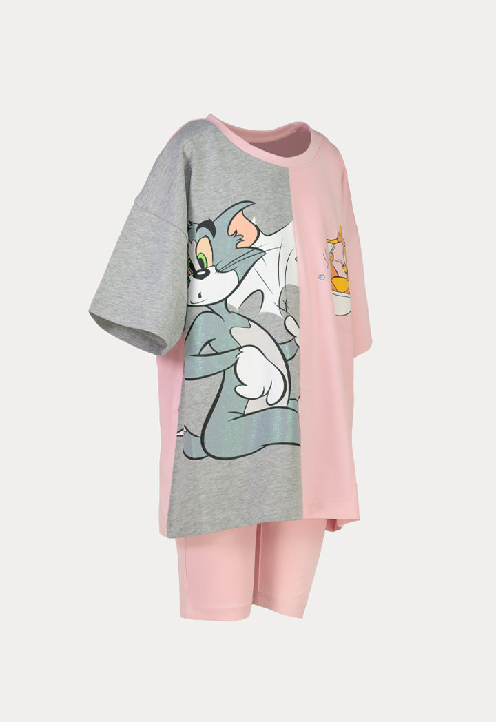 Tom & Jerry Printed Colorblock Tunic Tops And Shorts Set