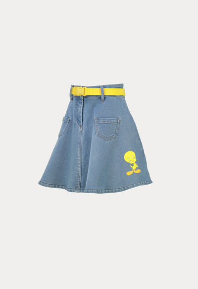 Tweety Bird's Rubber Print Flared Denim Skirt