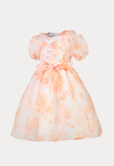 Self Tie Belt Ruffle Floral Print Puff Party Dress