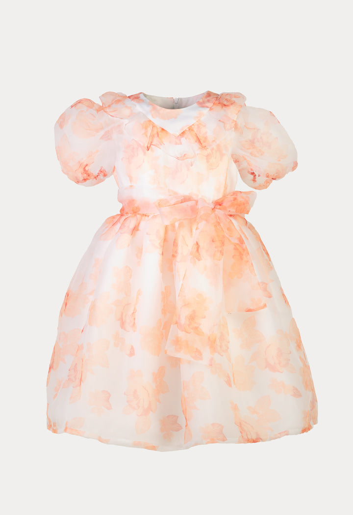 Self Tie Belt Ruffle Floral Print Puff Party Dress