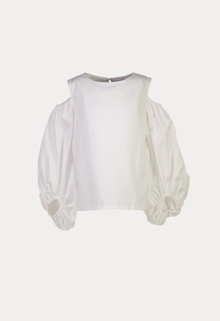 Solid Cold Shoulder Puff Long-Sleeves